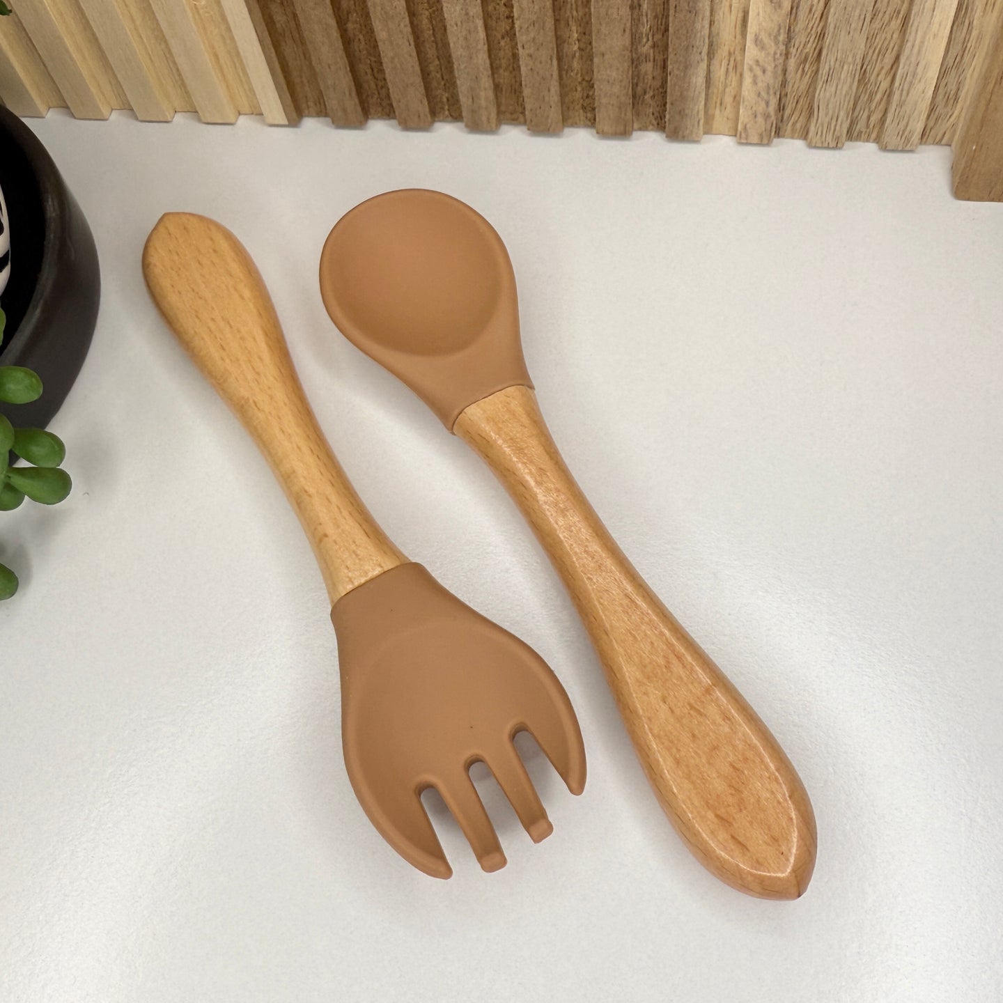 Silicone/Wood Fork & Spoon Set | Camel